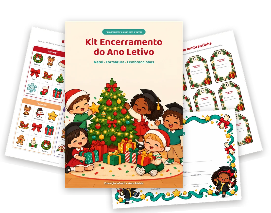 Capa do Kit Encerramento do Ano Letivo com páginas de bingo de Natal, diploma e tags de lembrancinha abertas em leque