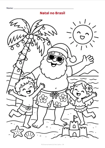 Desenho para colorir do Papai Noel na praia