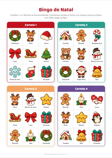 Página do bingo de Natal com 4 cartelas